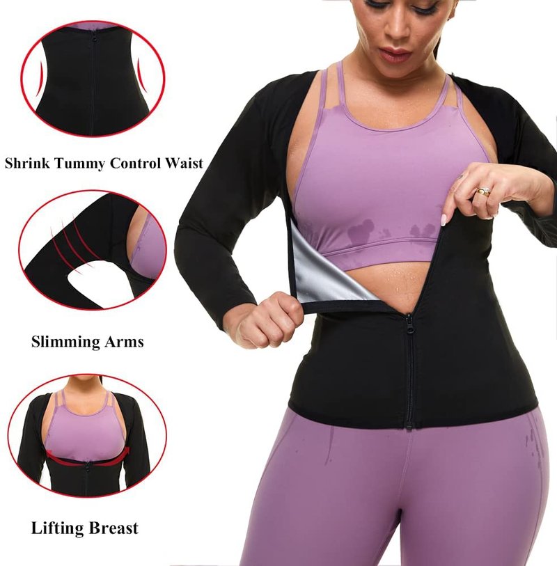 Sauna Suit for Women Sweat Body Shaper Jacket Hot Waist Trainer Long Sleeve Zipper Shirt Workout Top (Silver, Small)