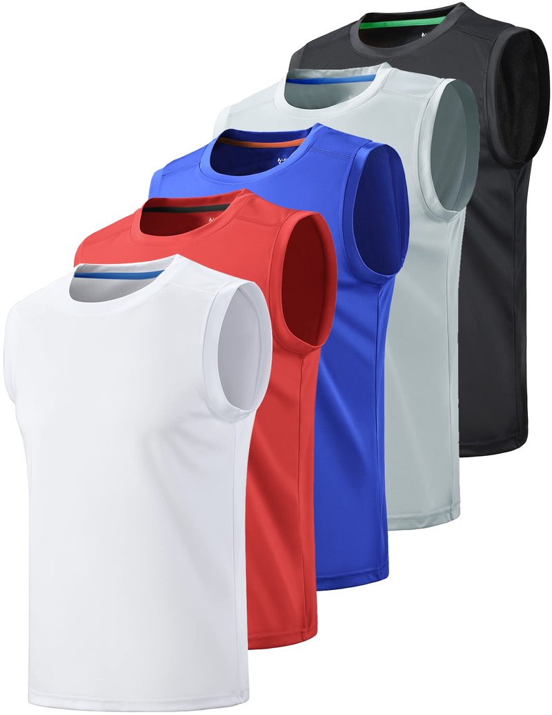 5 Pack Dry Fit Sleeveless Muscle Shirts for Men, Athletic Tank Tops for Workout Gym Performance Activewear (Set 2, Medium)