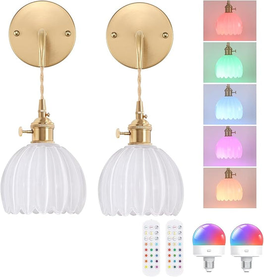 Battery Operated Wall Sconce with White Tulip Shade Pattern Glass Adjustable Chain Retro Gold Wall Mounted Light, Modern Wall Lamp Fixtures Decor for Bedside Bedroom Indoor Doorway，Set of 2
