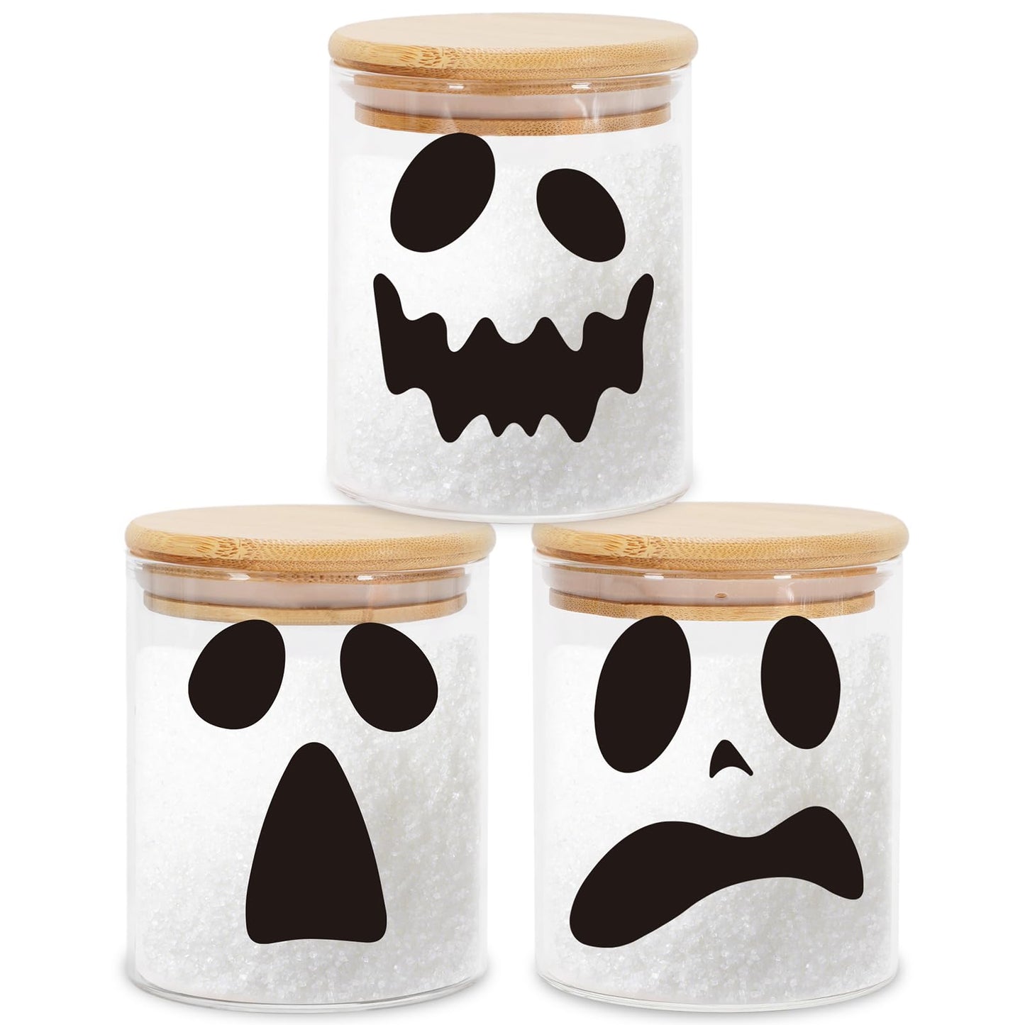 JarThenaAMCS 3Pcs Halloween Glass Storage Jars with Airtight Bamboo Lid Ghost Decorative Clear Food Storage Canisters Sets for Home Kitchen Countertop Decoration