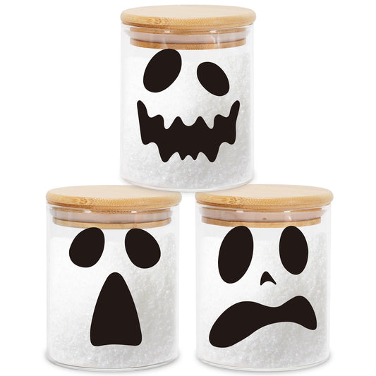JarThenaAMCS 3Pcs Halloween Glass Storage Jars with Airtight Bamboo Lid Ghost Decorative Clear Food Storage Canisters Sets for Home Kitchen Countertop Decoration