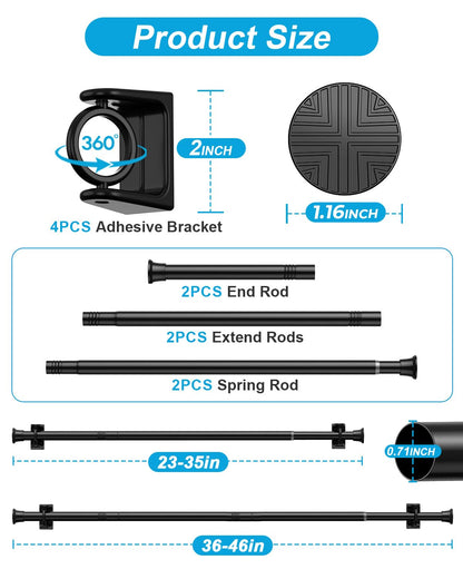 2Pack Tension Rod 24-48Inch Black Curtain Rods for Windows Spring Adjustable Curtain Rods no Drilling Tension Curtain Rods for Window,Doorway,Closets