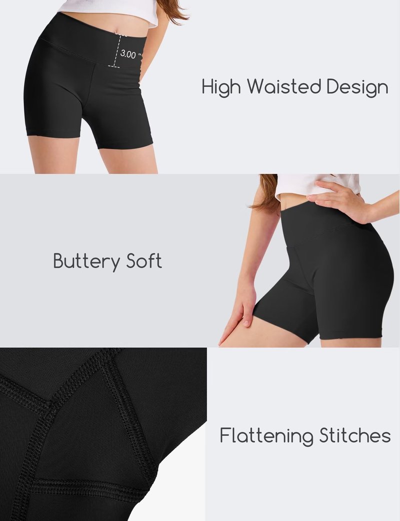 SKIDREAM 3 Pack Girls 4'' High Waisted Black Biker Shorts, Athletic Running Yoga Shorts for Kids Teen