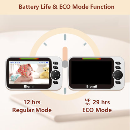 Blemil 5" Split-Screen Baby Monitor with 30-Hour Battery, Large Video Baby Monitor with Camera and Night Vision, Remote Pan/Tilt/Zoom Camera, Two-Way Talk, Lullabies, No WiFi,Up to 1000ft