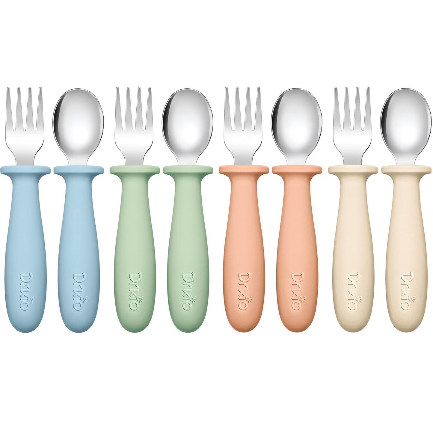 DRKIO 8 Pieces Toddler Utensils Set - Kids Silverware Set with Silicone Handle Children Safe 18/8 Stainless Steel Forks and Spoons Anti-Choke Design Food Grade Dishwasher Safe