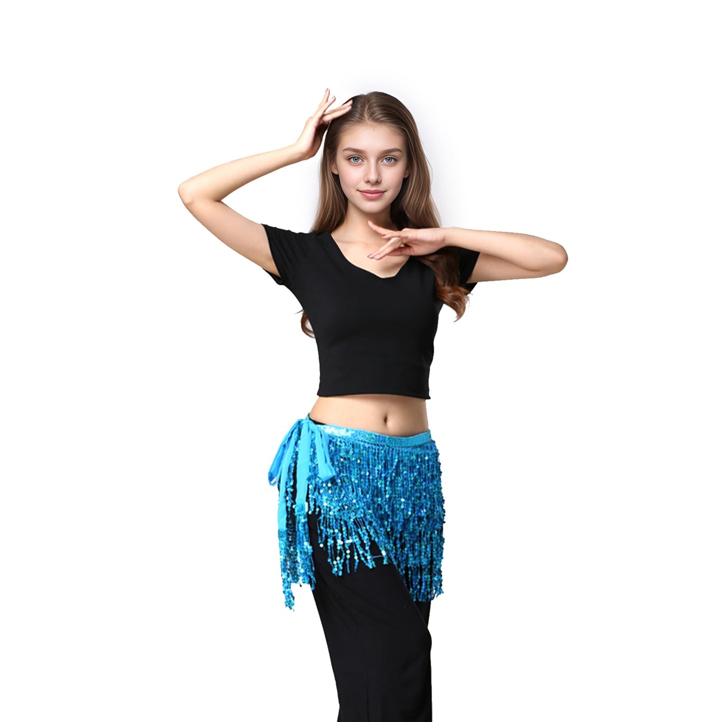 Belly Dance Hip Scarf Sequin Tassel Skirt Performance Outfits Sparkly Fringe Wrap Halloween Costume Party Rave Festival for Women and Girls, Blue