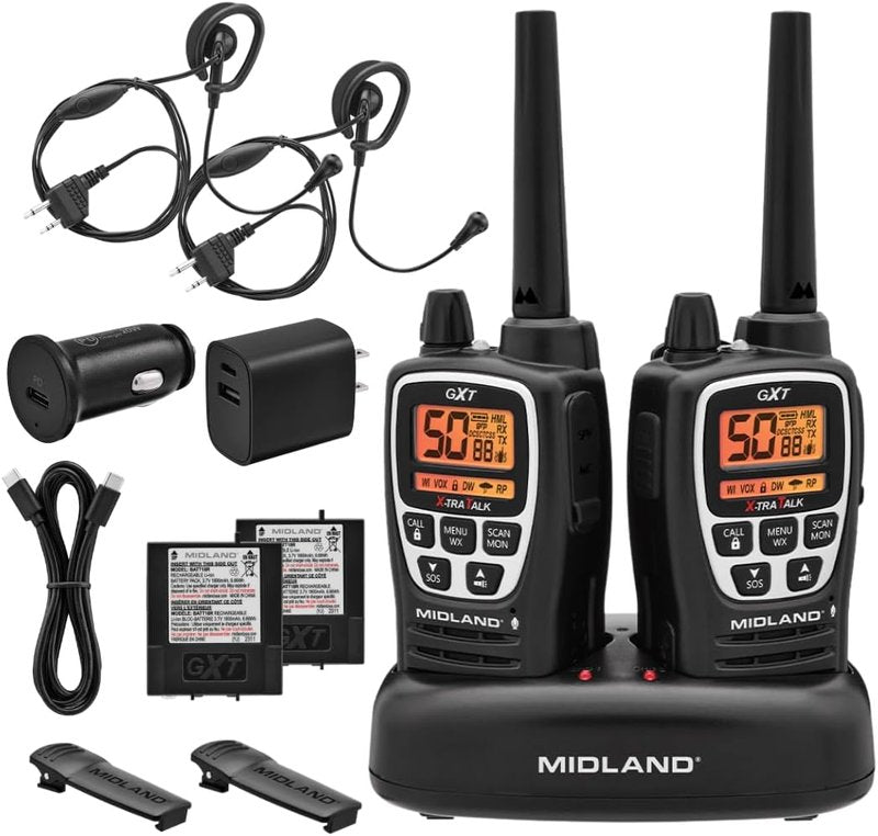 Midland GXT3000 GMRS Two-Way Radio - Long Range, 50 Channels, 142 Privacy Codes | Rechargeable, 2-Pack, Black/Silver