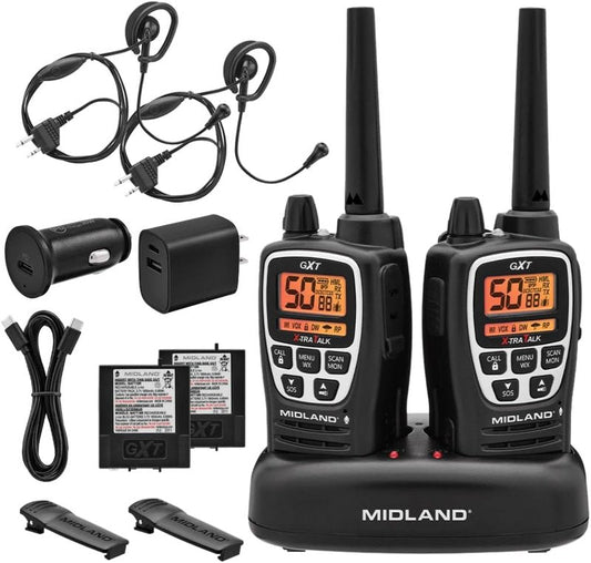 Midland GXT3000 GMRS Two-Way Radio - Long Range, 50 Channels, 142 Privacy Codes | Rechargeable, 2-Pack, Black/Silver