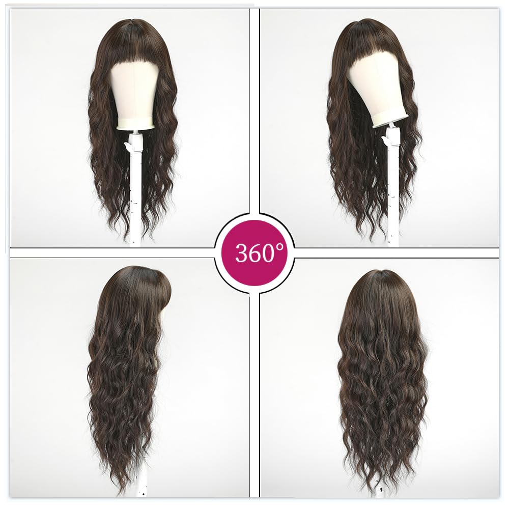 Esmee Long Wavy Black Brown Wig for Women Natural Synthetic Hair Heat Resistant Wigs with Fringe