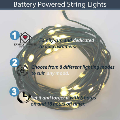 QBIS Outdoor Christmas Lights - Fairy Lights Battery Operated with Small Warm White LEDs, Green Wire, Multifunction, 6hr Timer, Indoor/Outdoor Battery Operated String for Wreath, Garland or Tree
