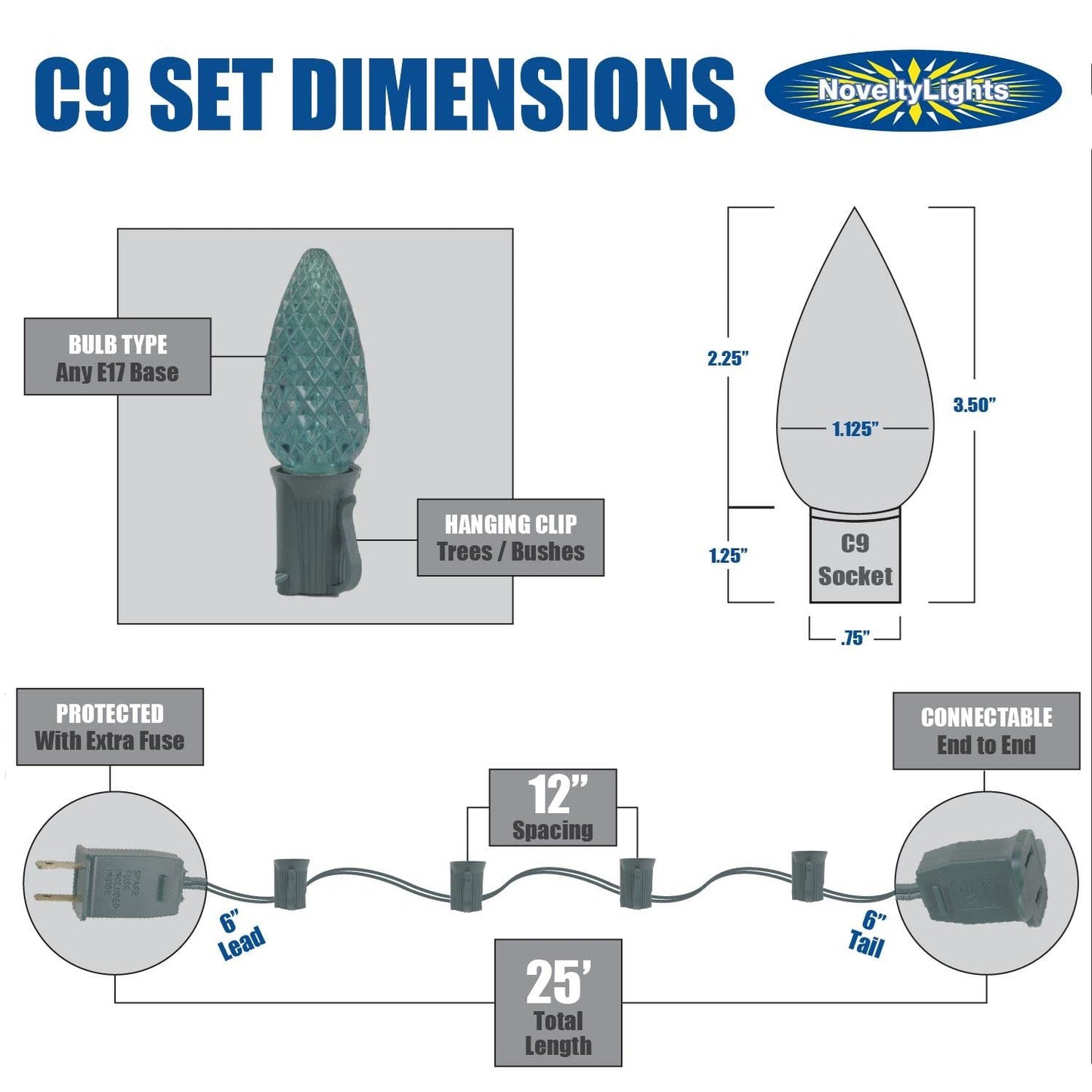 25 Foot C9 Multi Ceramic Christmas String Light Set - Opaque Bulbs - Roofline Light String - Green Wire