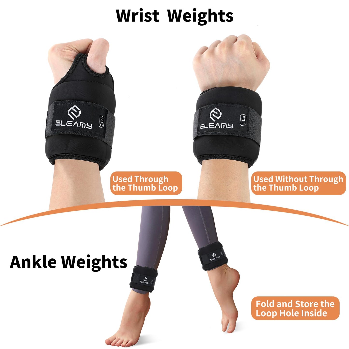 ELEAMY Wrist Weights with Thumb Loops Lock for Women & Men, 0.5lb*2/1lb*2/1.5lb*2/2lb*2/3lb*2,Premium Ice Silk Fabric,Comfortable & Tear Resistant for Walking,Running,Fitness and More（1.5lb*2 Black）
