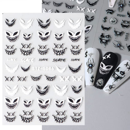 5D Embossed Halloween Nail Art Stickers Day of Death Black Lip Nail Sticker Decal Nail Art Decoration Supplies Horror Spooky Spider Evil Eye Skull Bone Halloween Self-adhesive Nail Design for Women Girls (halloween-1)