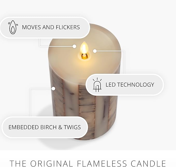 Luminara Embedded Birch Twigs Flameless LED Candle, 3.5" x 6.5", Moving Flame Real Wax Unscented, Battery Operated, Decorative Home Lighting Safe