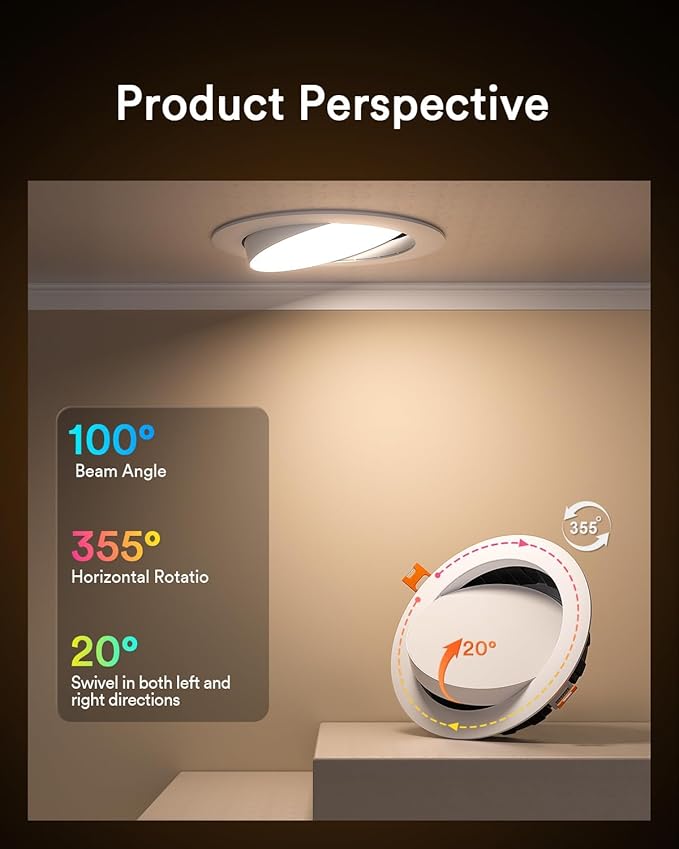 Lumary Smart Gimbal Recessed Lighting 6 Inch, 355°+20° Adjustable RGBWW WiFi Ceiling Light, Work with Alexa Google, Canless LED Downlight with J-Box, 13W 1000LM CRI90, 1PC
