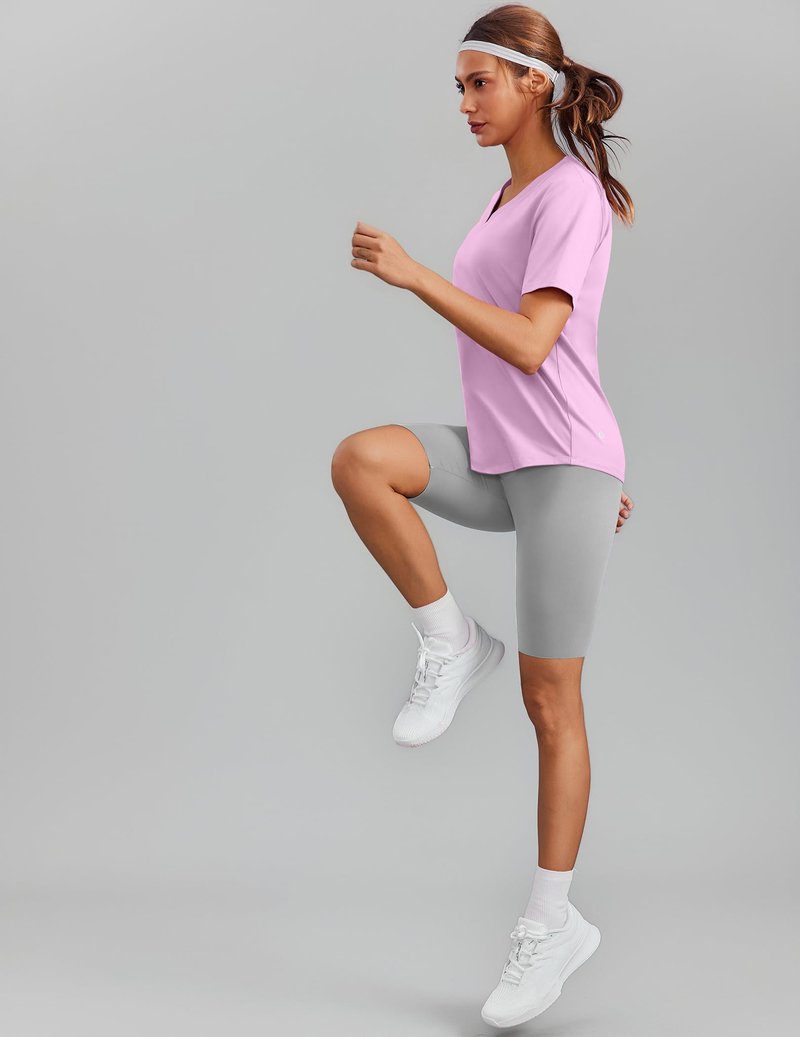 PINSPARK UPF 50 Sun Protection Shirts for Women Short Sleeve V Neck Hiking Tops Moisture Wicking UV Outdoor T-Shirts Quick Dry,Light Pink XX-Large