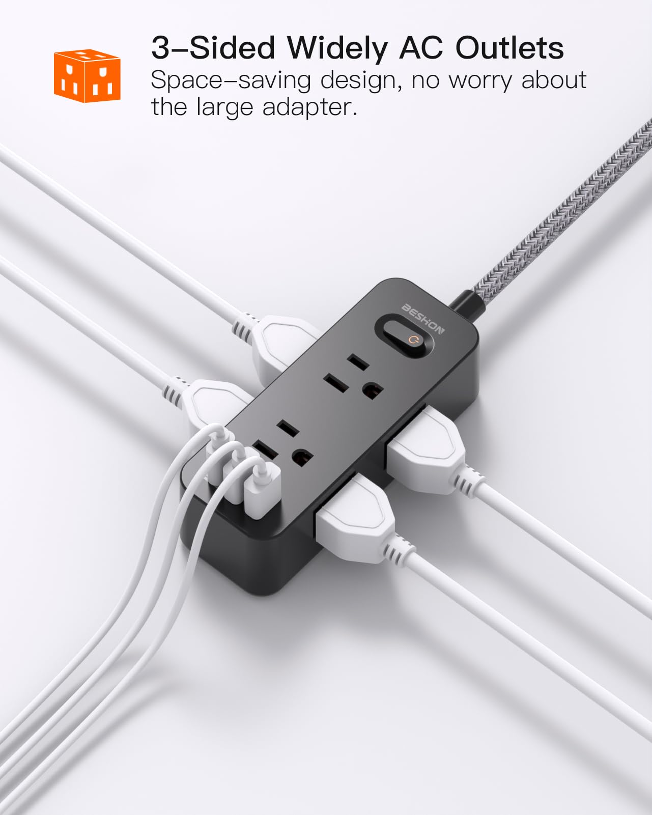 Power Strip Surge Protector, BESHON 5Ft Extension Cord, 6 Outlets with 4 USB Ports (2 USB C Outlet), 3-Side Outlet Extender, Wall Mount, Compact for Travel, Home, School, College Dorm Room and Office