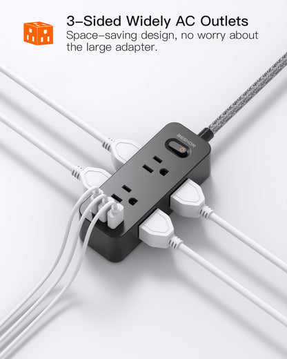Power Strip Surge Protector, BESHON 5Ft Extension Cord, 6 Outlets with 4 USB Ports (2 USB C Outlet), 3-Side Outlet Extender, Wall Mount, Compact for Travel, Home, School, College Dorm Room and Office