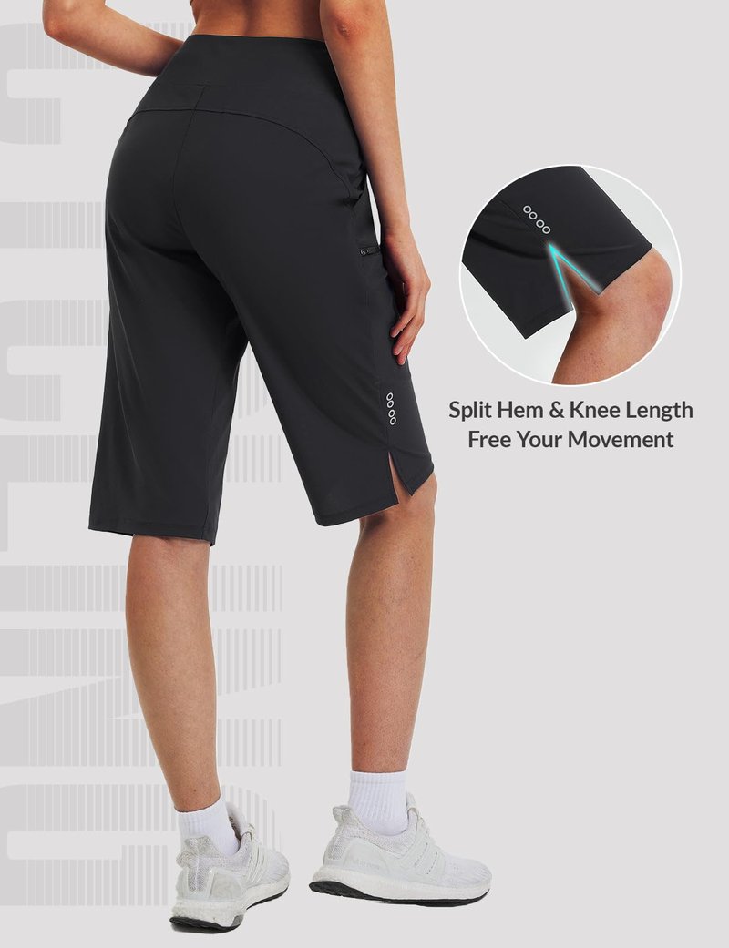 baleaf Women's 14'' Long Shorts Knee Length Capris Quick Dry Lightweight Cargo Hiking Cycling Zipper Pockets UPF 50+ Black M