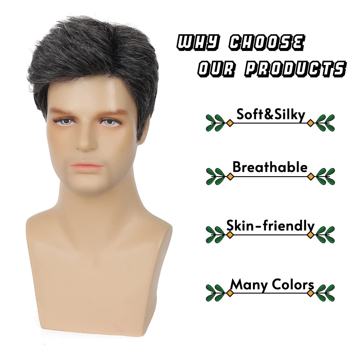 Sallcks Mens Short Black Grey Wig Natural Layered Costume Halloween Wigs Synthetic Heat Resistant Hair Replacement Wigs for Male Guys (Black Mixed Grey)