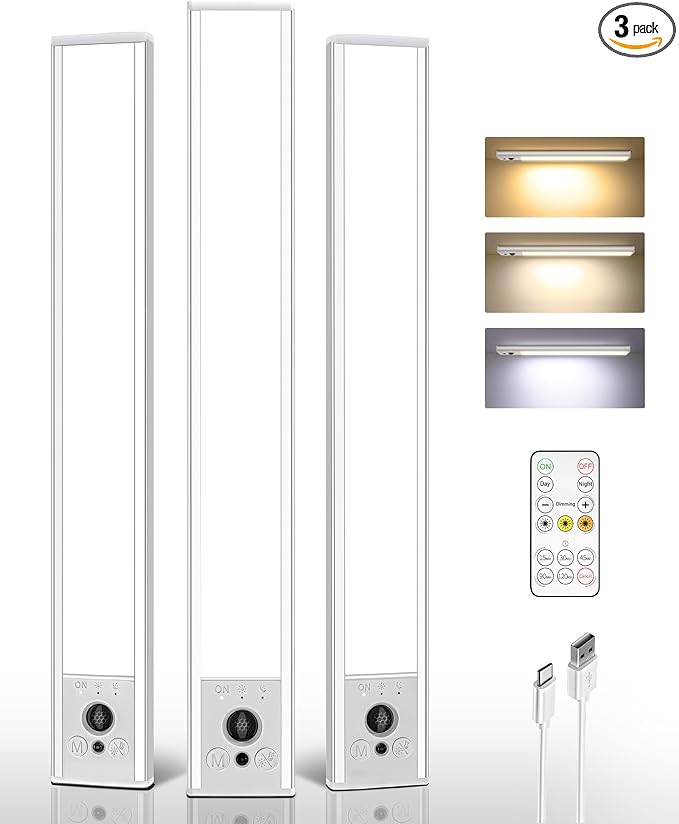 EZVALO 3 Pack Under Cabinet Lighting, 4000mAh Rechargeable Motion Sensor Light, 16inch Magnetic Closet Lights with Dimmable & 3 Color Temps, Wireless Motion Activated Lights with Remote for Kitchen