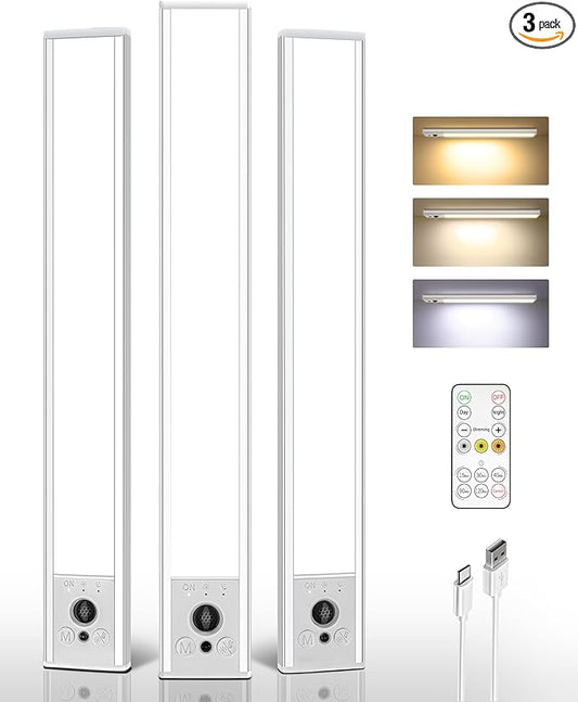 EZVALO 3 Pack Under Cabinet Lighting, 4000mAh Rechargeable Motion Sensor Light, 16inch Magnetic Closet Lights with Dimmable & 3 Color Temps, Wireless Motion Activated Lights with Remote for Kitchen