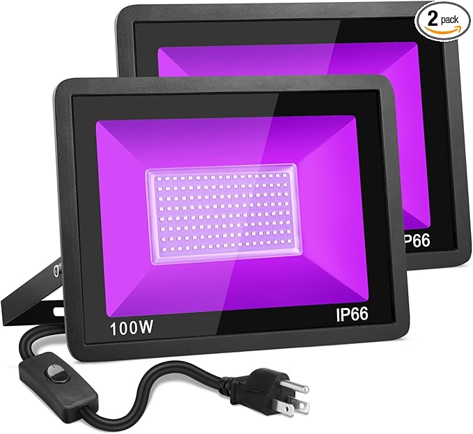 100W Black Light, 2Pack Indoor Outdoor Blacklight with Plug and Switch, Ip66 Waterproof, 365 NM UV Light for Glow Neon Party, Body Painting, Fluorescent Tapestry
