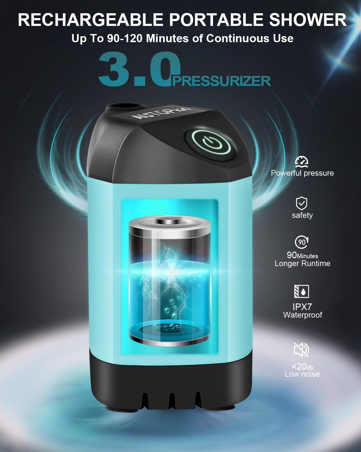 AUTOPkio Portable Camping Shower - Rechargeable Outdoor Camp Shower with Pressurizer & 4500mAh Battery Pump IPX7 Waterproof for Camp, Hiking, Car Washing, Pet Bath (Blue)