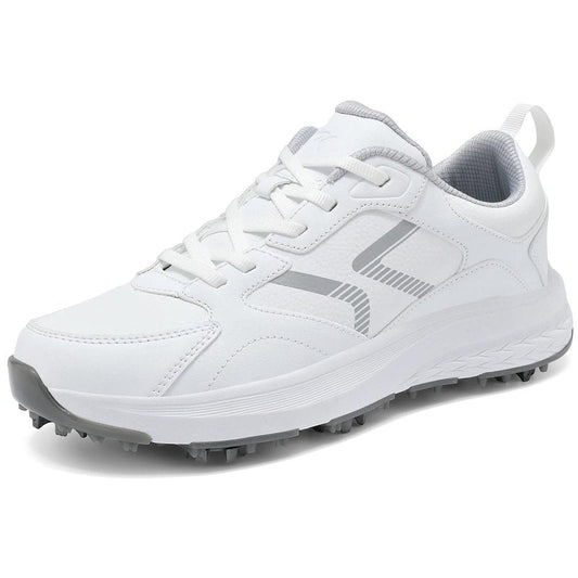 DARIBOM Mens Golf Shoes Spiked Non Slip Waterproof Golf Sneakers with Leather Upper Size 10.5(White)