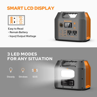 Portable Power Station EnginStar 300W Solar Generator 110V 296Wh Power Bank Two Pure Sine Wave AC Outlet 80000mAh Lithium Battery Pack for Camping Outdoors Trip RV Hunting Vans Emergency Backup