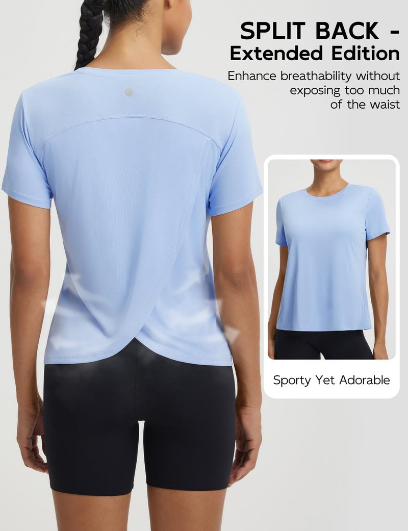 baleaf Women's Short Sleeve Workout Shirts Athletic Tops Sun Protection Breathable T-Shirts Quick Dry Gym Running Tennis Light Blue L