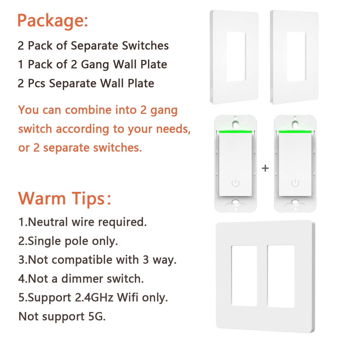 Milfra Smart Light Switch-Smart WiFi Switch 2.4Ghz Compatible with Alexa, Google Assistant,Remote Control/Voice Control and Schedule, Neutral Wire Required, Single-Pole, No Hub Required (4 Pack)