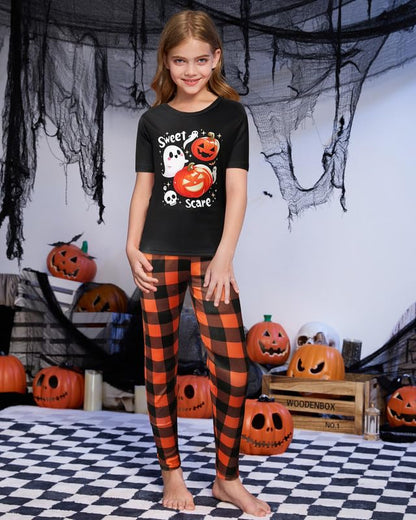 MyFav Womens Pajamas Halloween Sleepwear Family Matching Short Sleeve Adult Nightwear Black Orange,M
