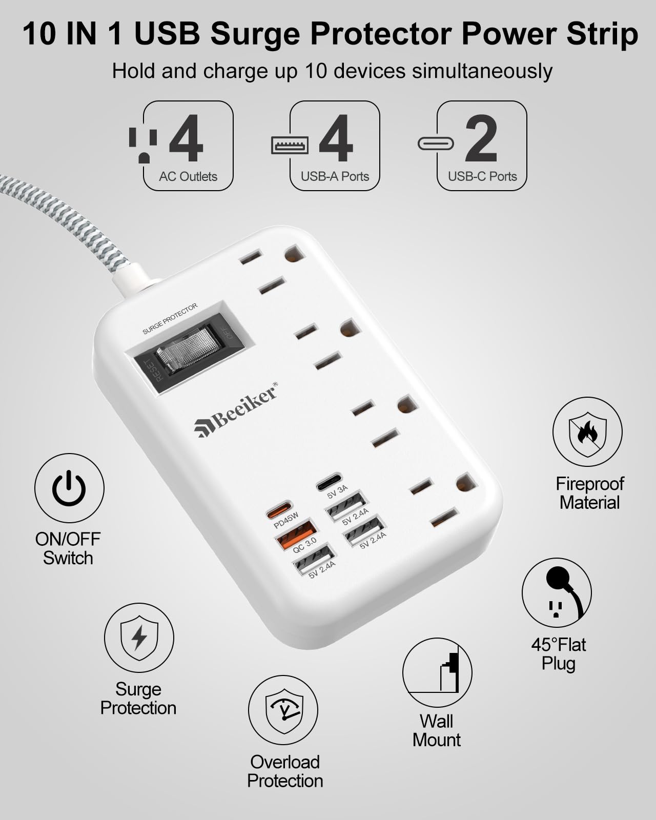 6 USB(2 USB C) Purple Travel Power Strip- 5Ft Lavender Extension Cord with 24W USB Charging Station and 4 Outlets, Purple Desk Accessories with Surge Protector for Cute Kawaii Office Dorm Room