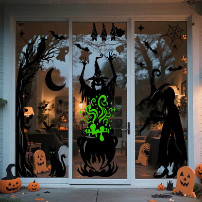 Vellibring Halloween Window Clings Decorations,Extra Large Double-Sided Reusable Decals Halloween Witches Bat Silhouette Stickers for Home Office School Glass Window Decor