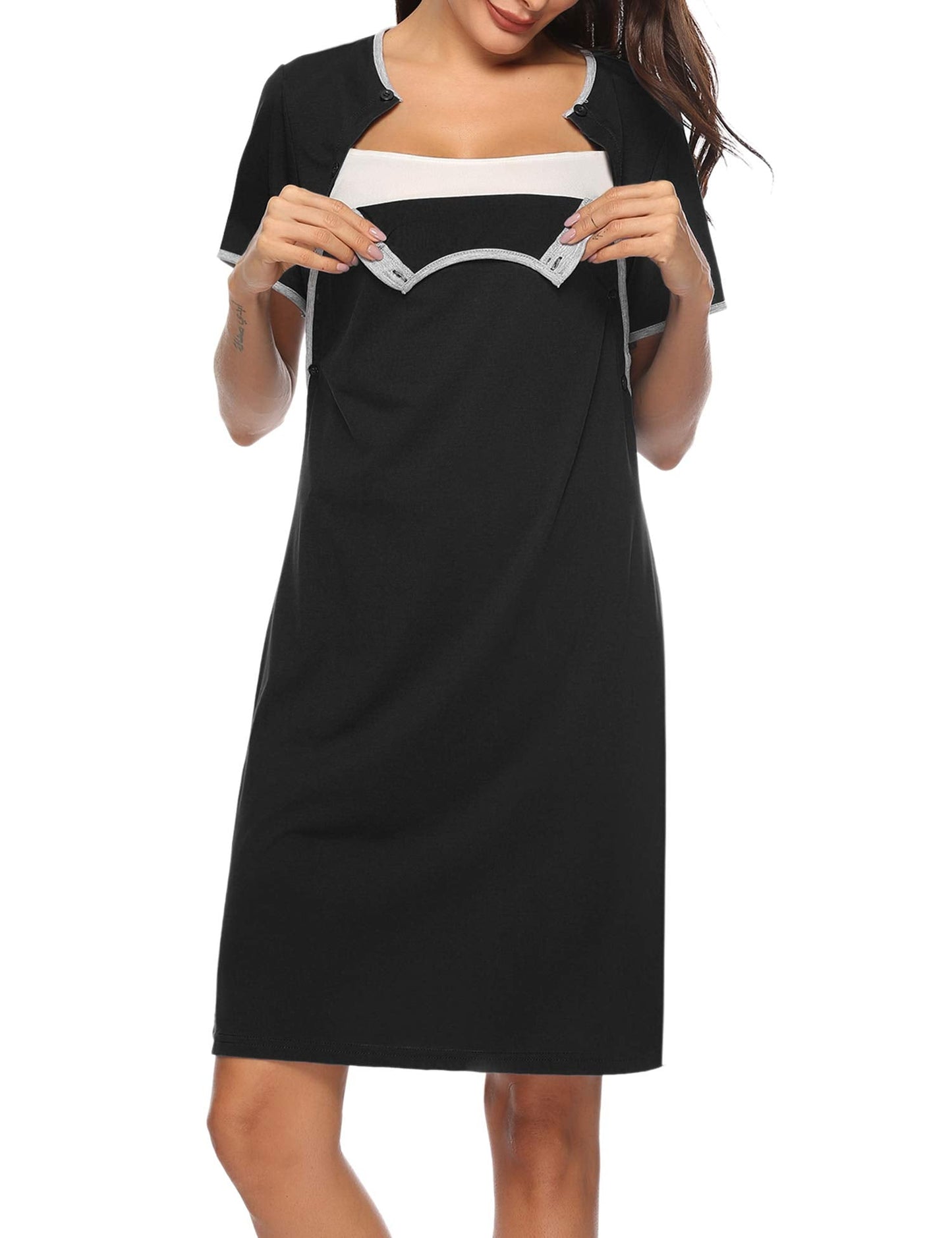 Sykooria Women's Maternity Nightdress Breastfeeding Nightwear Short Sleeve Nursing Nightgown Button Down Sleep Shirt V Neck Pajama Tops Soft Loungwear For Pregnant Women(Black,M)