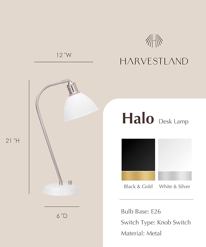 HarvestLand Halo Silver White Adjustable Desk Lamp – Reading Lamp, Pharmacy Style Metal Desk Lamp, Industrial Table Lamp with Solid Base for Bedside Table, Task Lamp Home Office