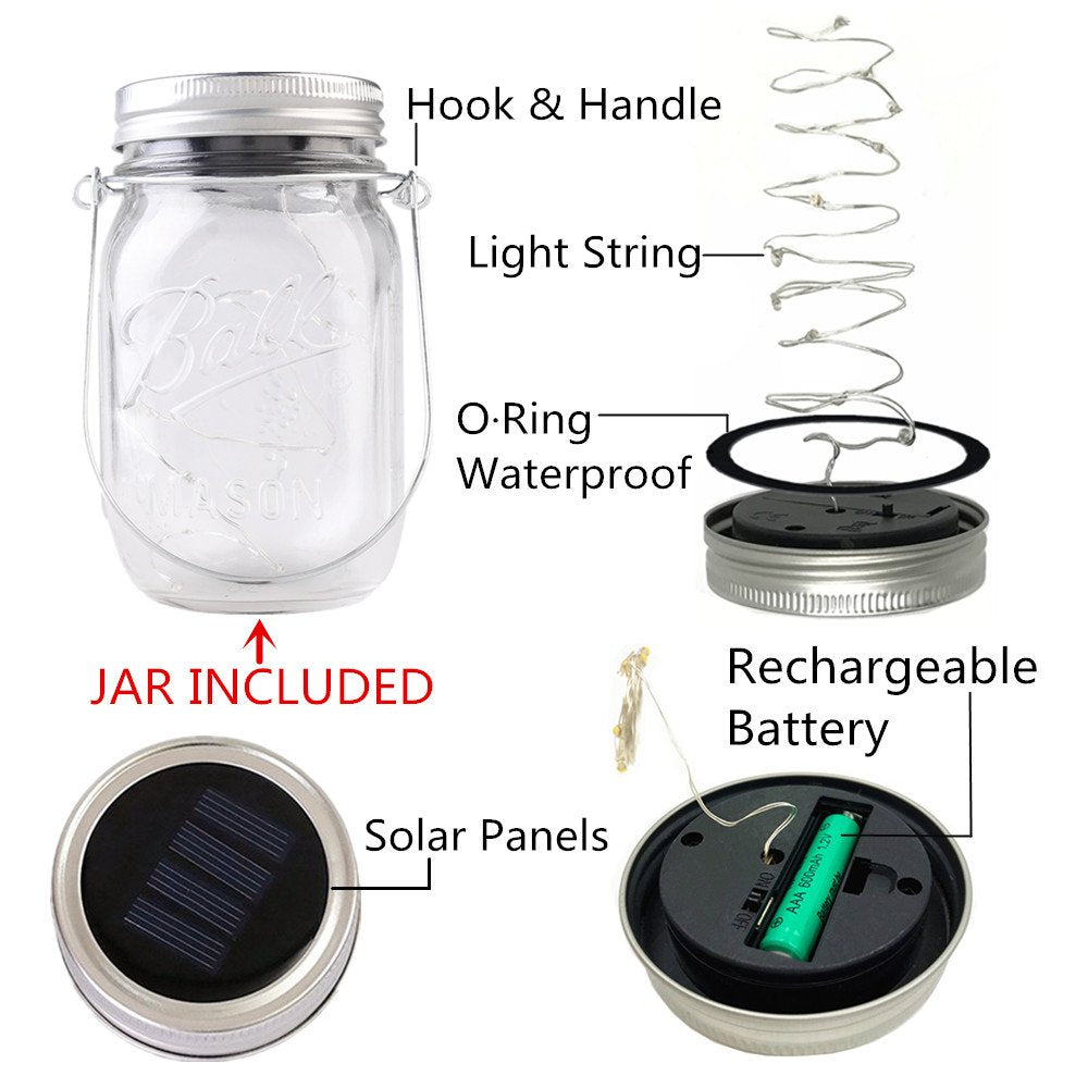 CHBKT 4-Pack Solar-powered Mason Jar Lights (Mason Jar / Handle Included),20 Bulbs Jar Hanging Light,Garden Outdoor Solar / Hanging Lantern,Decor Solar Light,Table Light,Patio Path Light,Warm White