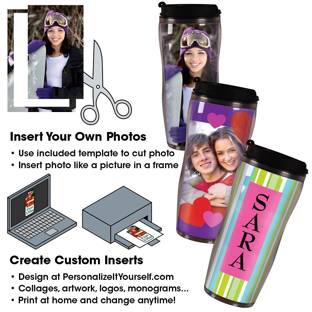 14 oz Photo Travel Mug with Flip Top - PixMug - The Mug That's a Picture Frame - DIY - Insert Your Own Photos or Create and Print Inserts Online – 1 Pack