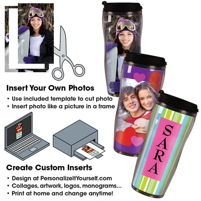 14 oz Photo Travel Mug with Flip Top - PixMug - The Mug That's a Picture Frame - DIY - Insert Your Own Photos or Create and Print Inserts Online – 1 Pack