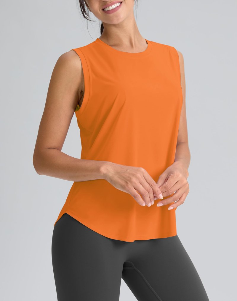 SANTINY Women's Sleeveless Workout Tops Breathable Lightweight Active Tennis Yoga Shirts Athletic Running Tank Tops for Women (Neon Orange_XL)