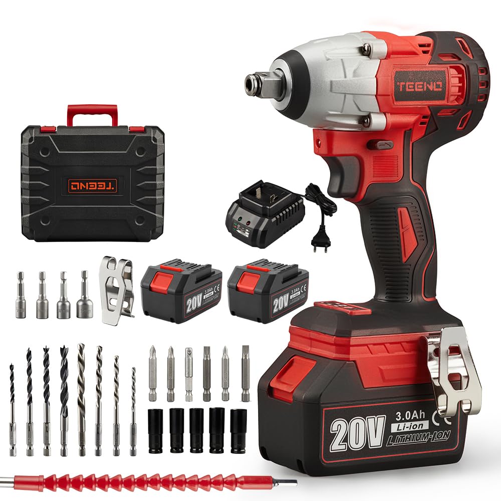 TEENO 20V Brushless Lithium-Ion Impact Wrench,2×3.0Ah Batteries, Charger, 3pcs Sockets, 1/2 Inch, 320NM