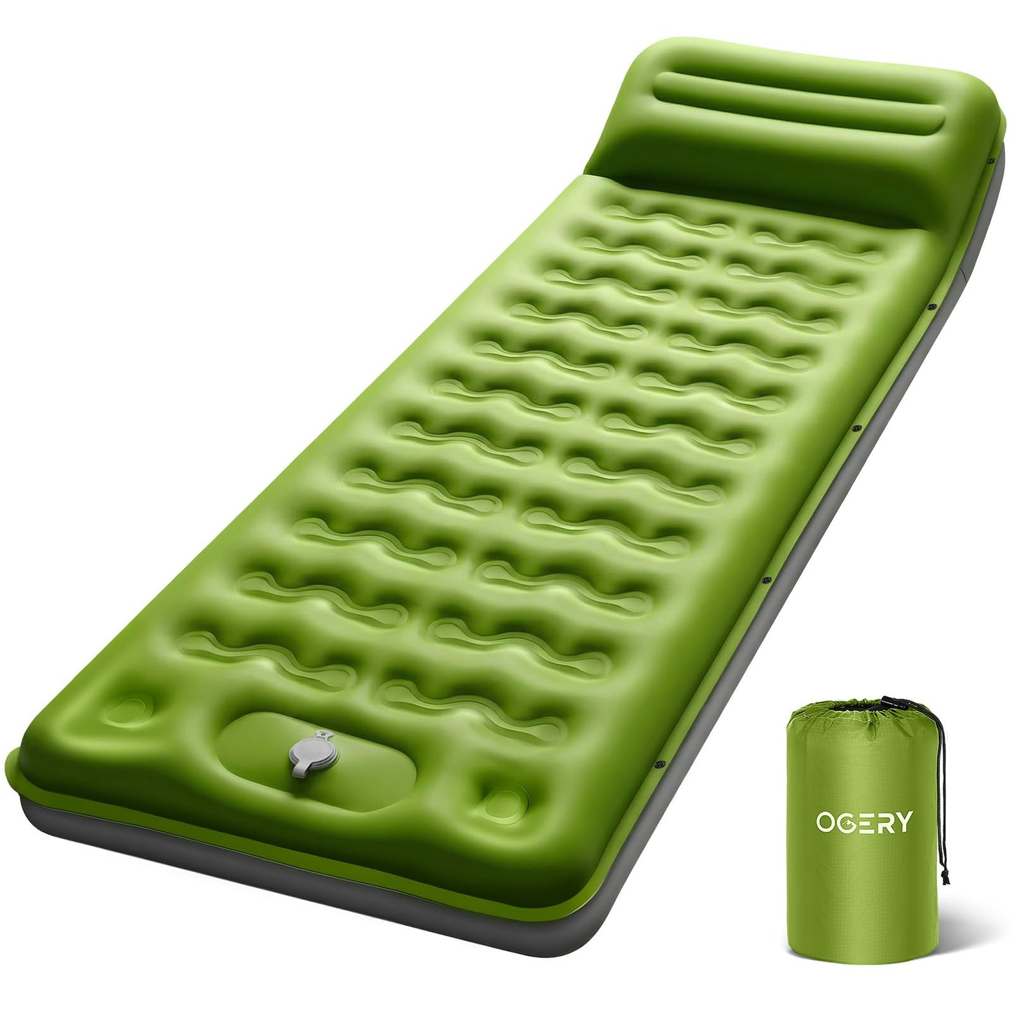 OGERY Sleeping Pad, Ultralight Inflating Sleeping Pad for Camping with Pillow Built-in Foot Pump, 6" Extra-Thick Reinforced Camping Pad for Hiking, Backpacking, Tent, Single,Green