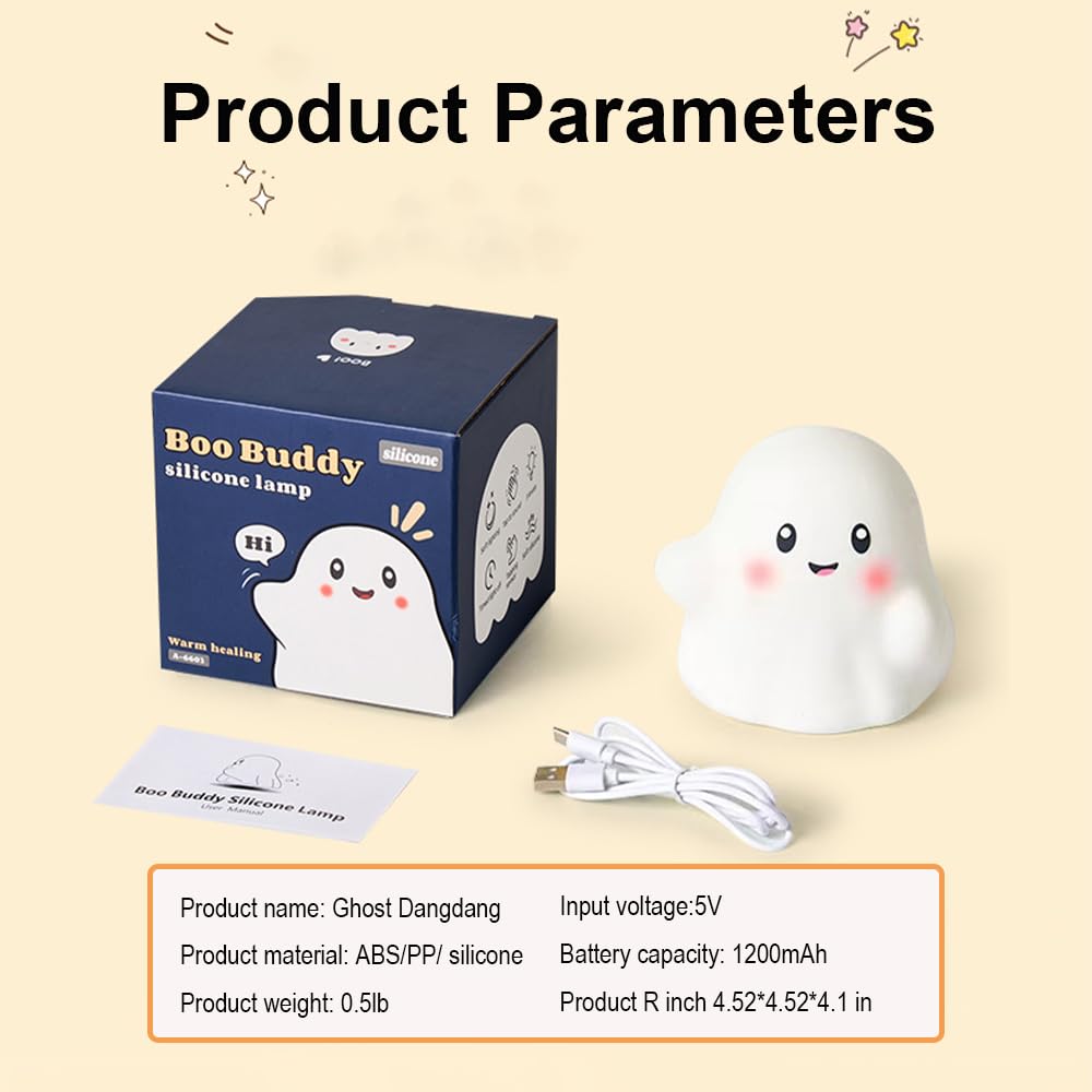 Ghost Night Light for Kids, Silicone Nursery Nightlight with 13 Interactive Sound Effects ,Halloween Decor Lamp Adjustable Dimmable Lamp with Touch Sensor Children's Christmas Gifts (white ghost)