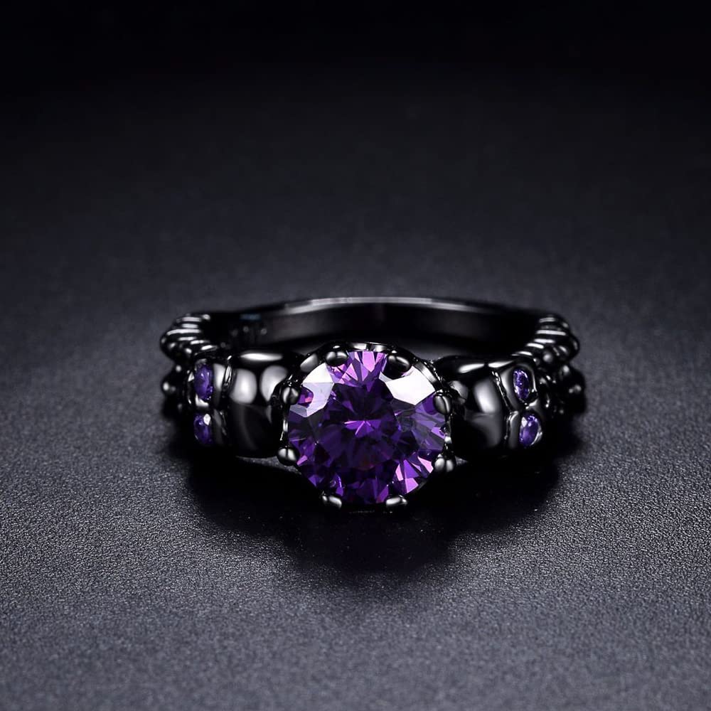 QOBEBOTA Gothic Jewelry Skull Black Rings for Women Halloween Skeleton Witchy Ring Goth Accessories Purple Cubic Zirconia Cool Grunge Ghost Band Statement Size 8 Rings for Women