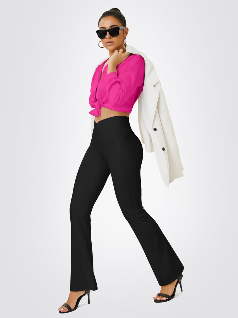 FOHOFO Yoga Pants Women, Flare Leggings for Women with Pockets Crossover High Waisted Bootcut Yoga Pants Black
