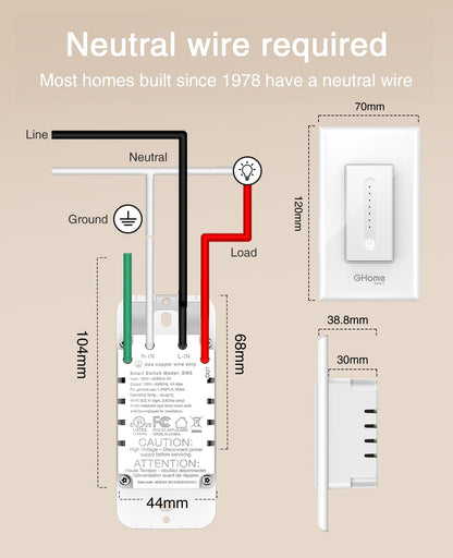 GHome Smart Dimmer Switch - 2.4GHz Wi-Fi Smart Switch Compatible with Alexa and Google Home, White 4 Pack