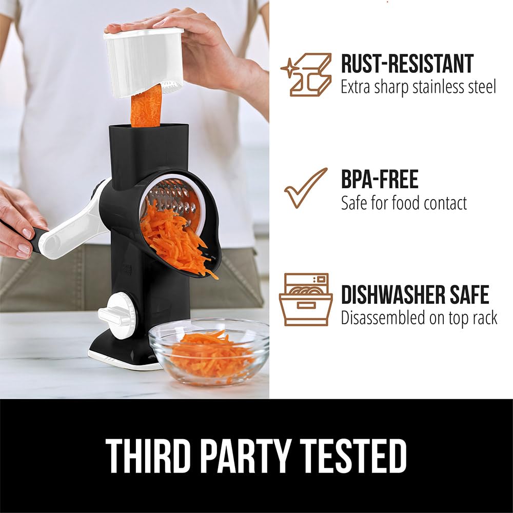 GORILLA GRIP Slip-Resistant Rotary Cheese Grater with 3 Interchangeable Blades to Shred Slice and Grate, Hand Crank Vegetable Chopper Mandolin, Slicer for Veggie Onion, Home and Kitchen Gadgets, White