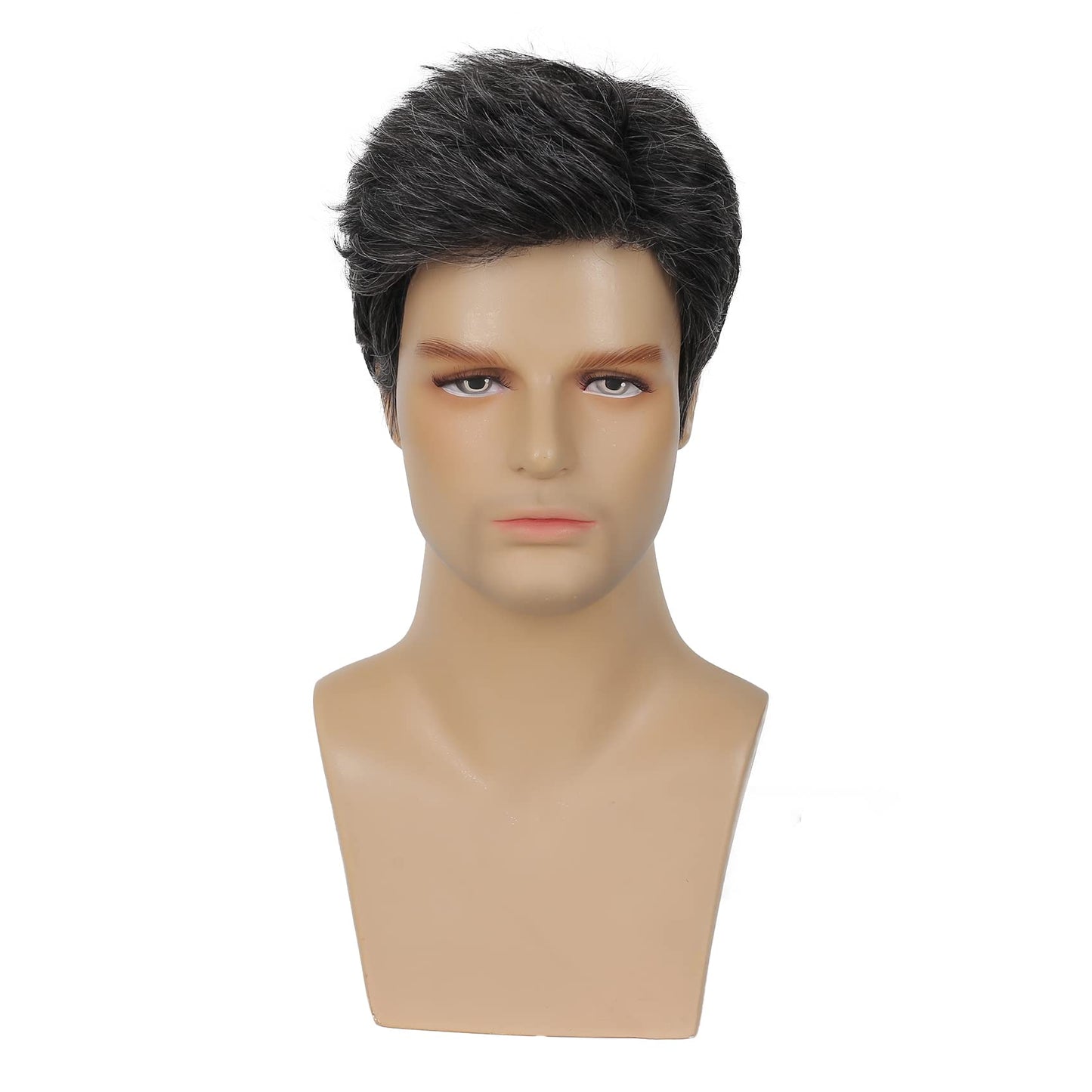 Sallcks Mens Short Black Grey Wig Natural Layered Costume Halloween Wigs Synthetic Heat Resistant Hair Replacement Wigs for Male Guys (Black Mixed Grey)