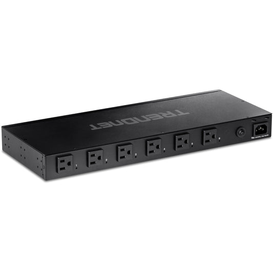 TRENDnet 6-Outlet Managed PDU, TPI-06, Rackmount Power Distribution Unit, UL Certified, 1 x NEMA 5-15R Bypass Power Outlet, 1 x Gigabit RJ-45 Port, Overload Protection, Surge Protection 2160J, Black